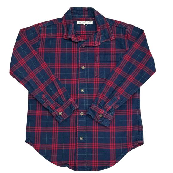 HOPE & HENRY Boys Flannel Button Down Navy Red Medium - Picture 1 of 4